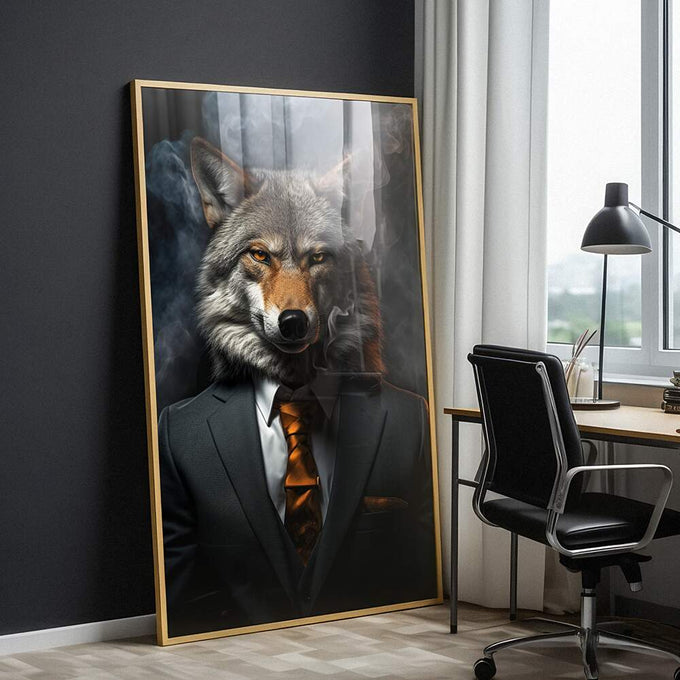 Quadro Decorativo Lobo Empresário - Sofisticação e Estilo para Sua Casa - quadros decorativos para sala 1 Tela Vertical, 3 Telas - em ambiente decorado