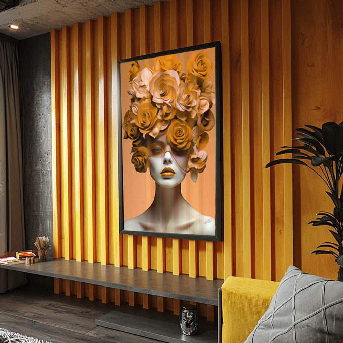 Quadro Decorativo Elegante Mulher com Flores - Toque Sofisticado para Sua Decoração - quadros decorativos para sala 1 Tela Vertical, 3 Telas - em ambiente decorado