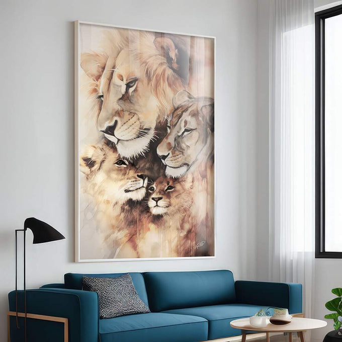 Quadro Decorativo Elegante: Casal de Leões com Dois Filhotes - quadros decorativos para sala 1 Tela Vertical, 3 Telas - em ambiente decorado