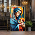 Quadro Decorativo Geométrico Maria e Jesus - Elegância e Sofisticação para Sua Decoração - quadros decorativos para sala 1 Tela Vertical, 3 Telas - em ambiente decorado