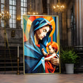 Nossa Senhora de manto azul com Menino Jesus no colo em estilo geométrico colorido, quadro decorativo