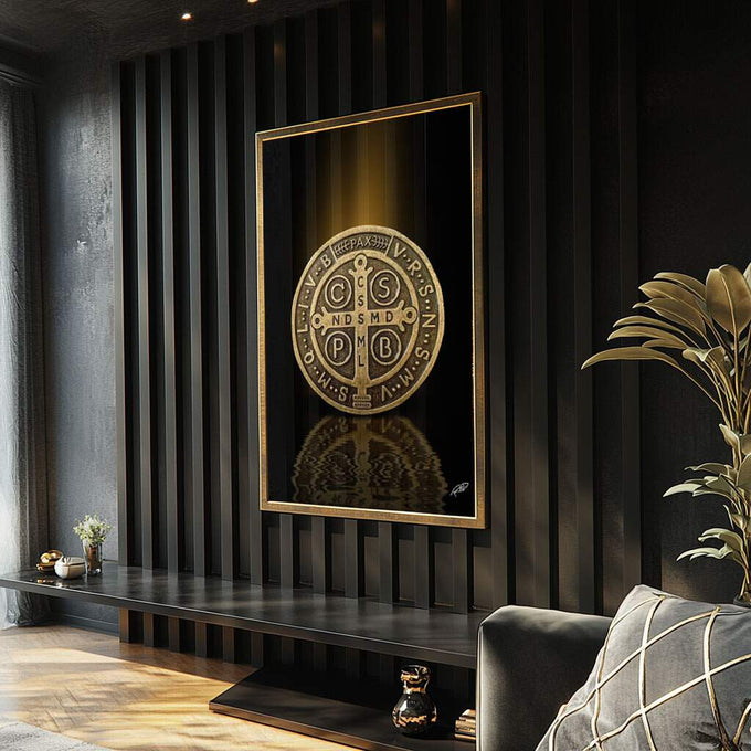 Quadro Decorativo Medalha de São Bento - Elegância e Tradição em Tecido Canvas - quadros decorativos para sala 1 Tela Vertical, 3 Telas - em ambiente decorado