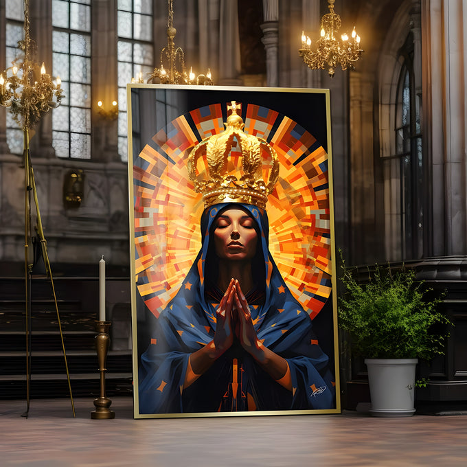 Nossa Senhora Aparecida coroada em oração, manto azul e auréola em mosaico, quadro decorativo