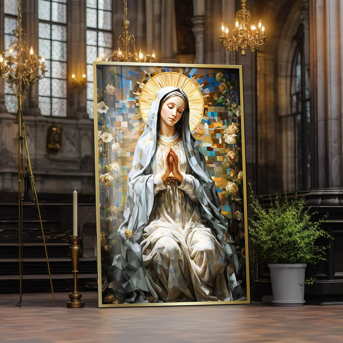 Quadro Decorativo Nossa Senhora de Fátima - quadros decorativos para sala 1 Tela Vertical, 3 Telas - em ambiente decorado
