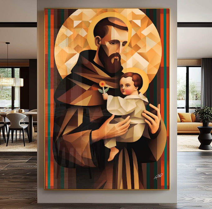 Quadro Decorativo Santo Antônio Geométrico - Sofisticação e Estilo para Seu Ambiente - quadros decorativos para sala 1 Tela Vertical, 3 Telas - em ambiente decorado
