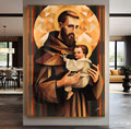 Santo Antônio segurando o Menino Jesus em arte geométrica marrom com auréola dourada, quadro decorativo