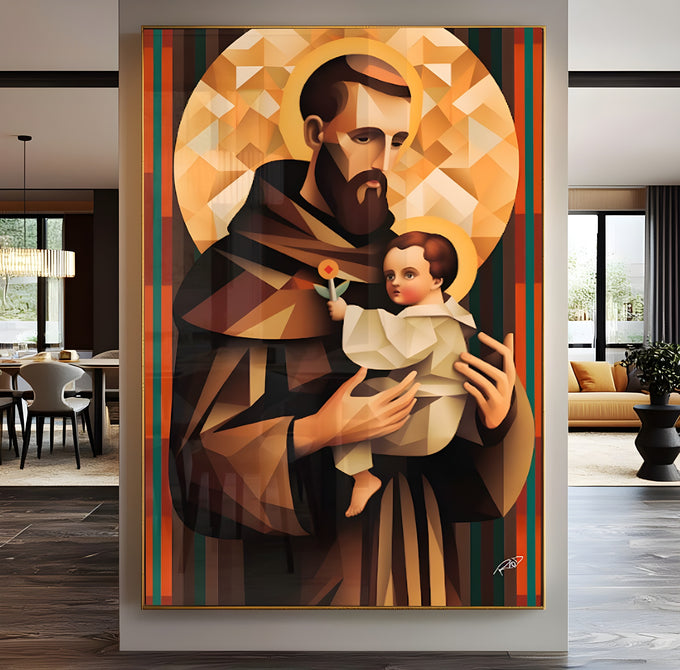 Santo Antônio segurando o Menino Jesus em arte geométrica marrom com auréola dourada, quadro decorativo