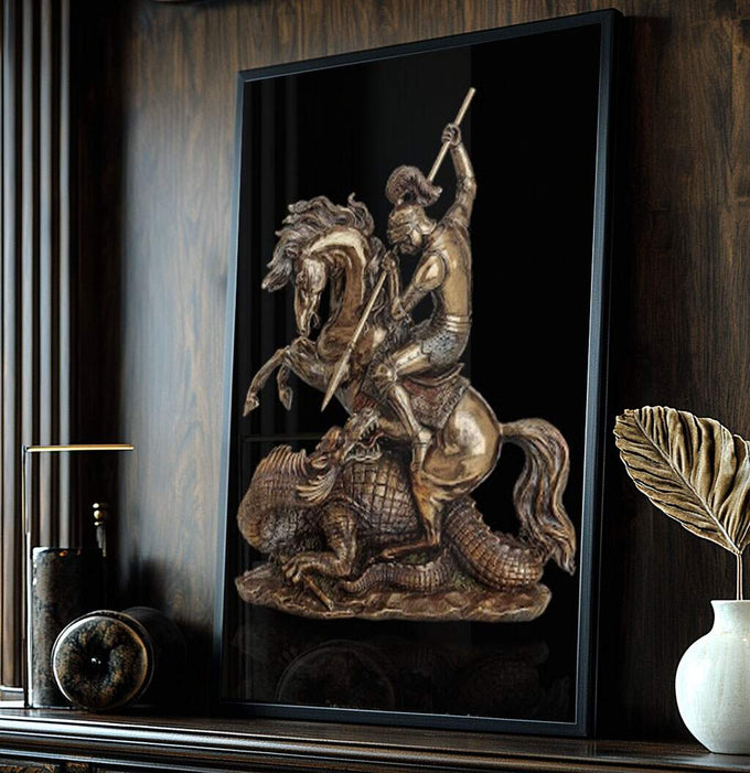 Quadro Decorativo São Jorge - Arte em Canvas Premium para sua Decoração - quadros decorativos para sala 1 Tela Vertical, 3 Telas - em ambiente decorado