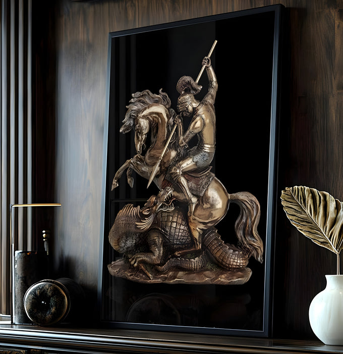 São Jorge a cavalo com lança vencendo o dragão em escultura dourada sobre fundo preto, quadro decorativo