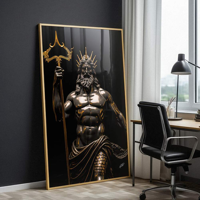 Quadro Decorativo Poseidon com Tridente - Arte Luxuosa para Sua Casa - quadros decorativos para sala 1 Tela Vertical, 3 Telas - em ambiente decorado