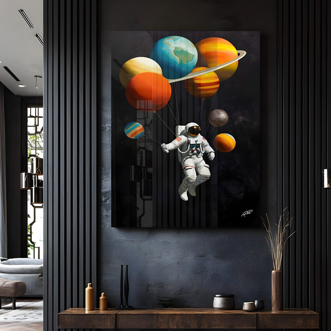 Astronauta flutuando preso a planetas coloridos como balões sobre fundo preto do universo, quadro decorativo