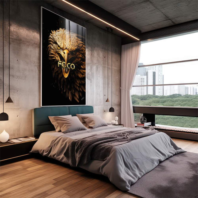 Quadro Decorativo Águia Foco - Elegância e Durabilidade para Sua Casa - quadros decorativos 1 Tela Vertical, 3 Telas - em escritorio elegante