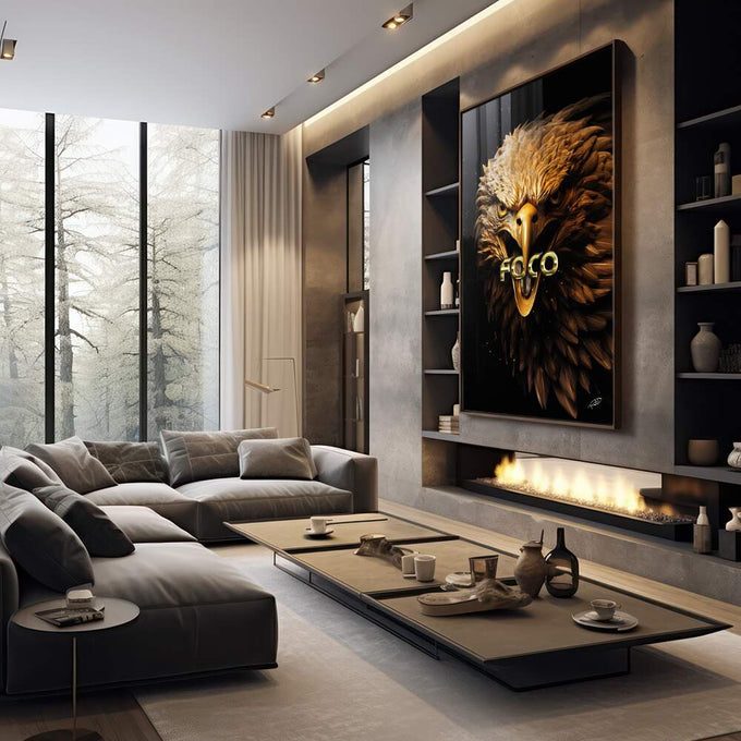 Quadro Decorativo Águia Foco - Elegância e Durabilidade para Sua Casa - quadros decorativos 1 Tela Vertical, 3 Telas - em sala moderna