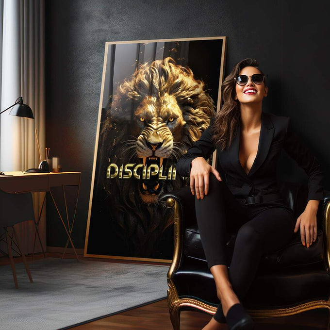 Quadro Decorativo Leão Disciplina - Elegância e Força para sua Decoração - quadros decorativos para sala 1 Tela Vertical, 3 Telas - em quarto contemporaneo
