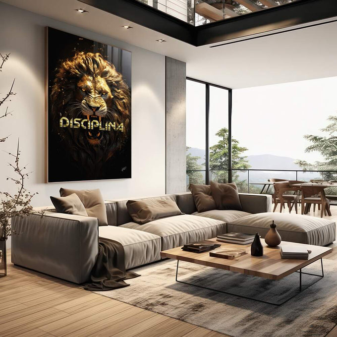 Quadro Decorativo Leão Disciplina - Elegância e Força para sua Decoração - quadros decorativos para sala 1 Tela Vertical, 3 Telas - em living room premium
