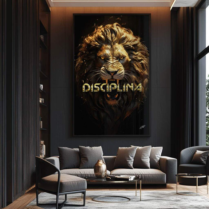 Quadro Decorativo Leão Disciplina - Elegância e Força para sua Decoração - quadros decorativos para sala 1 Tela Vertical, 3 Telas - em ambiente decorado