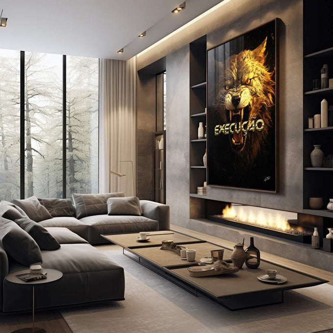 Quadro Decorativo Moderna Arte Lobo Execução - Estilo e Sofisticação - quadros decorativos 1 Tela Vertical, 3 Telas - em sala moderna