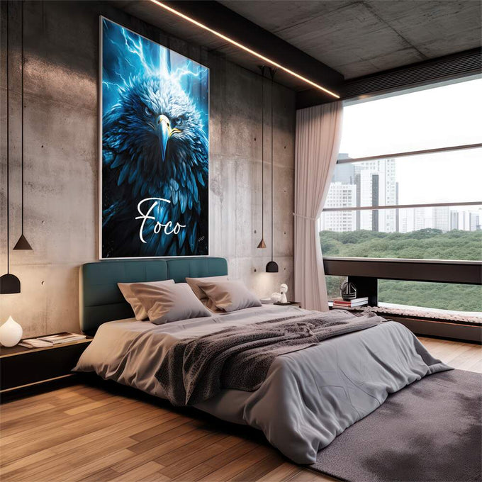 Quadro Decorativo Águia Foco Azul - Sofisticação e Estilo para Seu Ambiente - quadros decorativos para sala 1 Tela Vertical, 3 Telas - em quarto contemporaneo