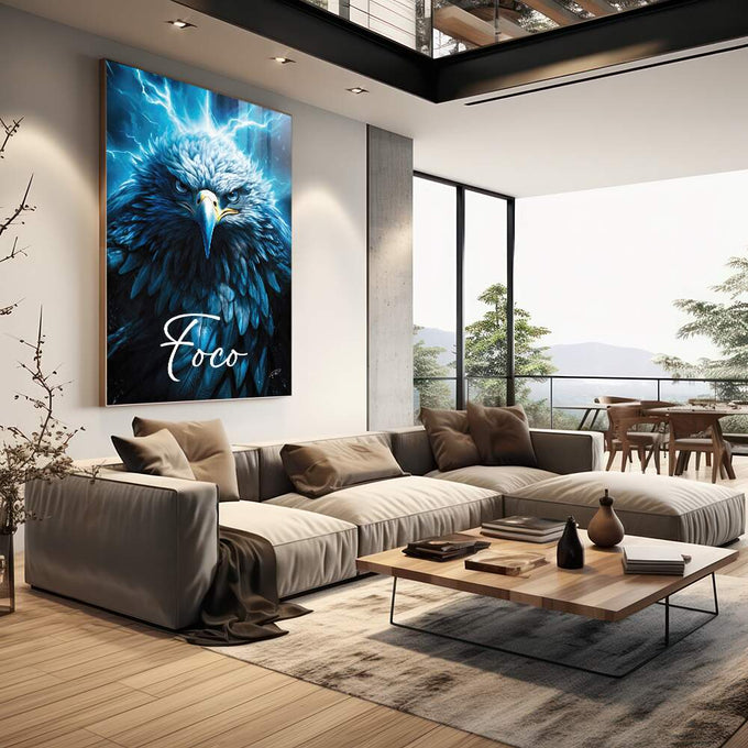 Quadro Decorativo Águia Foco Azul - Sofisticação e Estilo para Seu Ambiente - quadros decorativos 1 Tela Vertical, 3 Telas - em escritorio elegante