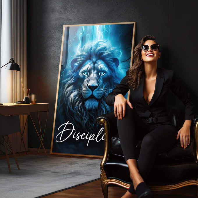 Quadro Decorativo Leão Disciplina Azul - Arte Inspiradora para Sua Decoração - quadros decorativos para sala 1 Tela Vertical, 3 Telas - em quarto contemporaneo