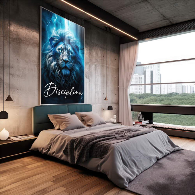 Quadro Decorativo Leão Disciplina Azul - Arte Inspiradora para Sua Decoração - quadros decorativos 1 Tela Vertical, 3 Telas - em escritorio elegante