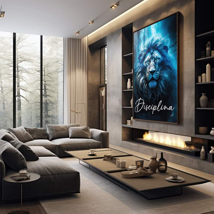 Quadro Decorativo Leão Disciplina Azul - Arte Inspiradora para Sua Decoração - quadros decorativos 1 Tela Vertical, 3 Telas - em sala moderna