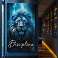 Quadro Decorativo Leão Disciplina Azul - Arte Inspiradora para Sua Decoração - quadros decorativos para sala 1 Tela Vertical, 3 Telas - em ambiente decorado