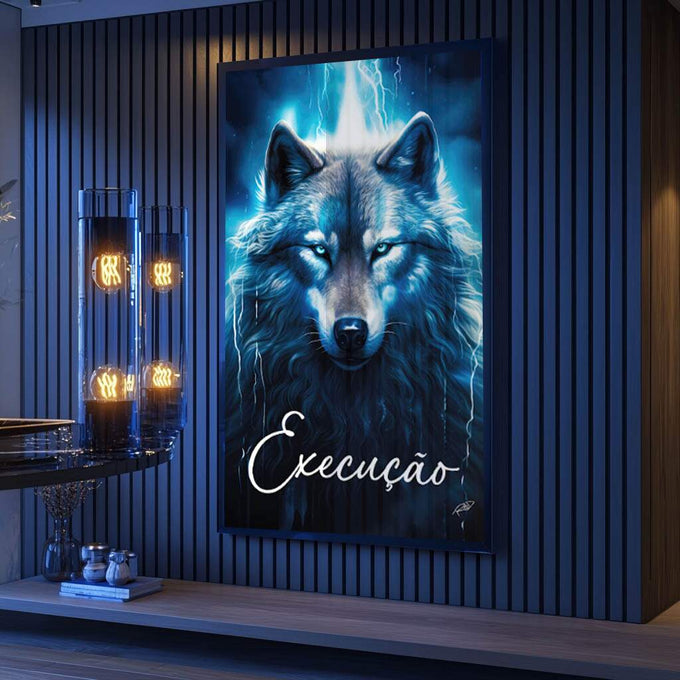 Quadro Decorativo Lobo Azul - Arte Moderna Com Estilo Sofisticado - quadros decorativos para sala 1 Tela Vertical, 3 Telas - em ambiente decorado