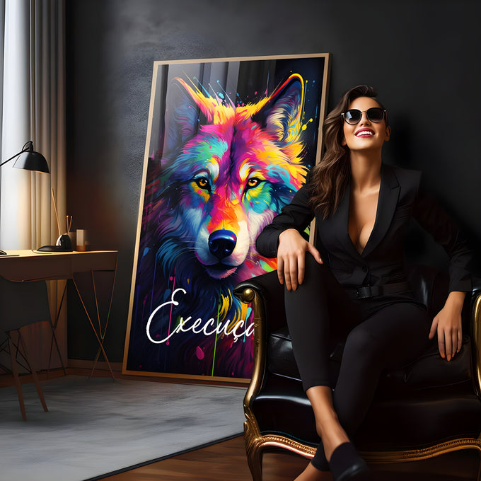 Lobo em pop art com cores vibrantes rosa, amarelo e azul e a palavra Execução, quadro decorativo