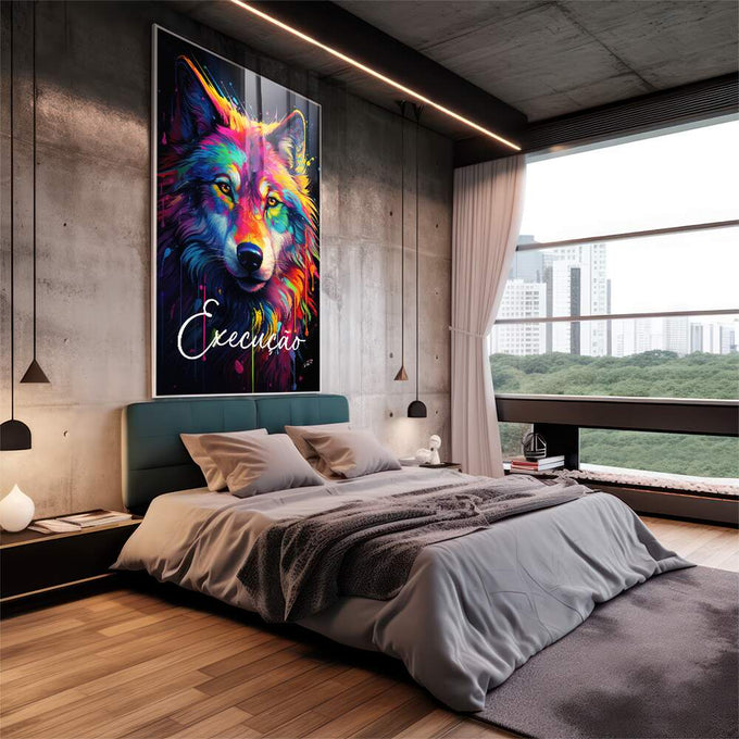 Quadro Decorativo Lobo Colorido - Arte para Transformar Seu Espaço - quadros decorativos 1 Tela Vertical, 3 Telas - em escritorio elegante