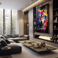 Quadro Decorativo Lobo Colorido - Arte para Transformar Seu Espaço - quadros decorativos 1 Tela Vertical, 3 Telas - em sala moderna