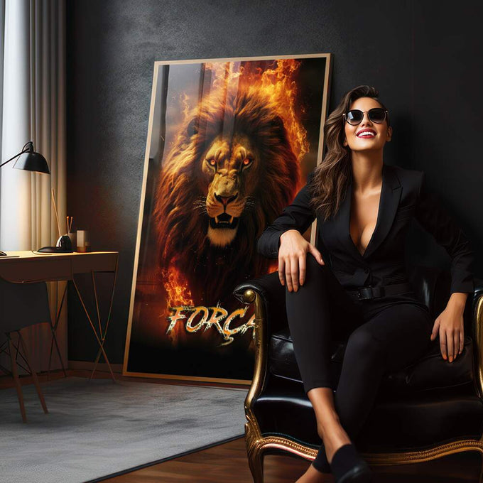Quadro Decorativo Leão Força Fogo - Exuberância e Estilo para Sua Parede - quadros decorativos para sala 1 Tela Vertical, 3 Telas - em quarto contemporaneo