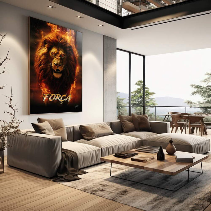 Quadro Decorativo Leão Força Fogo - Exuberância e Estilo para Sua Parede - quadros decorativos para sala 1 Tela Vertical, 3 Telas - em living room premium