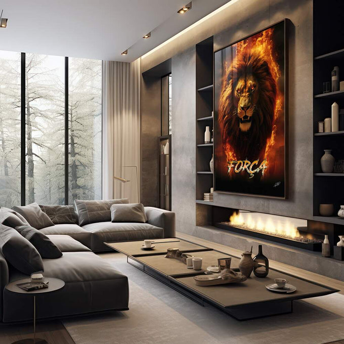 Quadro Decorativo Leão Força Fogo - Exuberância e Estilo para Sua Parede - quadros decorativos 1 Tela Vertical, 3 Telas - em sala moderna