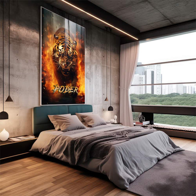 Quadro Decorativo Tigre Poder Fogo - Elegância e Impacto Visual para Seu Lar - quadros decorativos 1 Tela Vertical, 3 Telas - em escritorio elegante