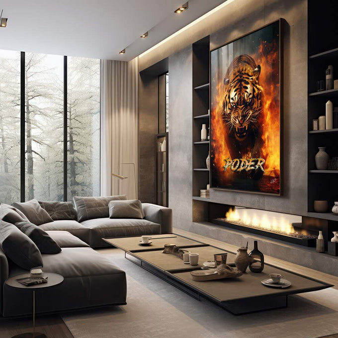Quadro Decorativo Tigre Poder Fogo - Elegância e Impacto Visual para Seu Lar - quadros decorativos 1 Tela Vertical, 3 Telas - em sala moderna