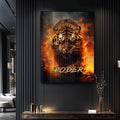 Quadro Decorativo Tigre Poder Fogo - Elegância e Impacto Visual para Seu Lar - quadros decorativos para sala 1 Tela Vertical, 3 Telas - em ambiente decorado