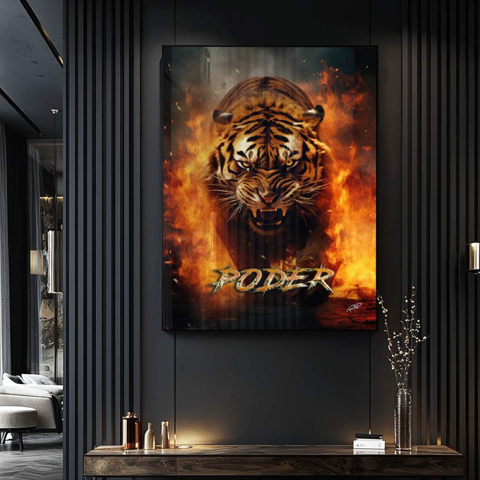 Quadro Decorativo Tigre Poder Fogo - Elegância e Impacto Visual para Seu Lar - quadros decorativos para sala 1 Tela Vertical, 3 Telas - em ambiente decorado