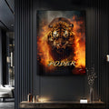 Tigre rugindo em meio a chamas laranja com a palavra Poder, quadro decorativo