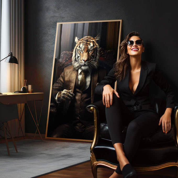 Quadro Decorativo Tigre Executivo - Arte Sofisticada para Ambientes Elegantes - quadros decorativos para sala 1 Tela Vertical, 3 Telas - em quarto contemporaneo