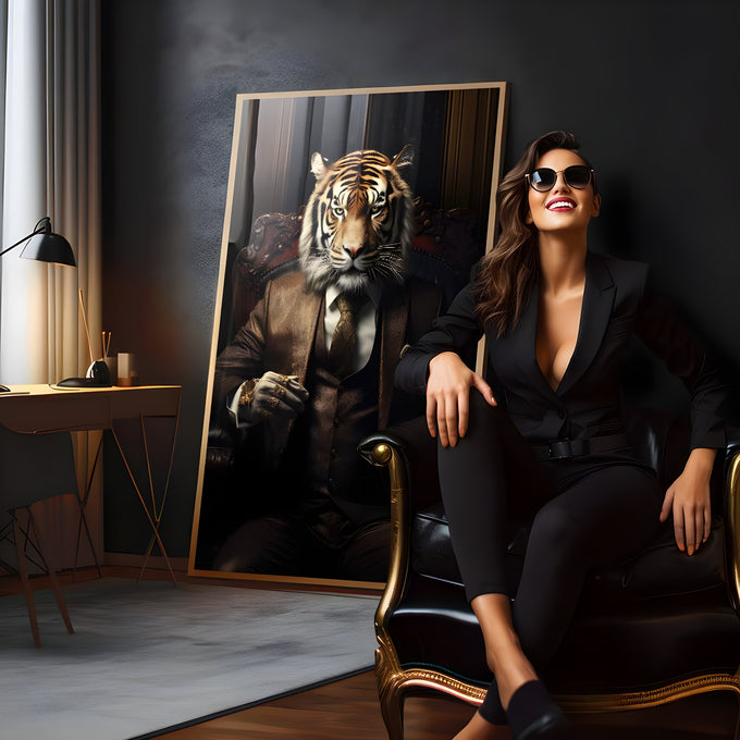 Tigre de terno marrom e gravata sentado em poltrona barroca sobre fundo escuro, quadro decorativo