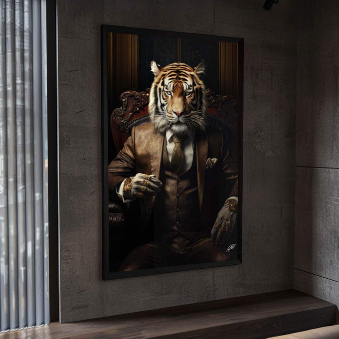 Quadro Decorativo Tigre Executivo - Arte Sofisticada para Ambientes Elegantes - quadros decorativos para sala 1 Tela Vertical, 3 Telas - em ambiente decorado