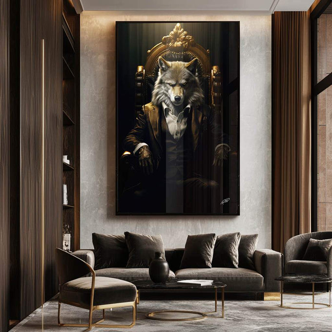 Quadro Decorativo Lobo Executivo - Elegância e Sofisticação para sua Decoração - quadros decorativos para sala 1 Tela Vertical, 3 Telas - em ambiente decorado