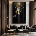 Lobo de terno escuro sentado em trono barroco dourado sobre fundo preto, quadro decorativo