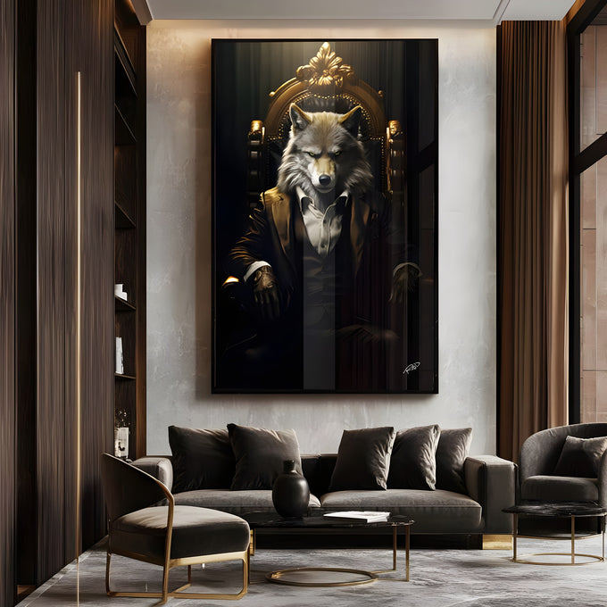 Lobo de terno escuro sentado em trono barroco dourado sobre fundo preto, quadro decorativo