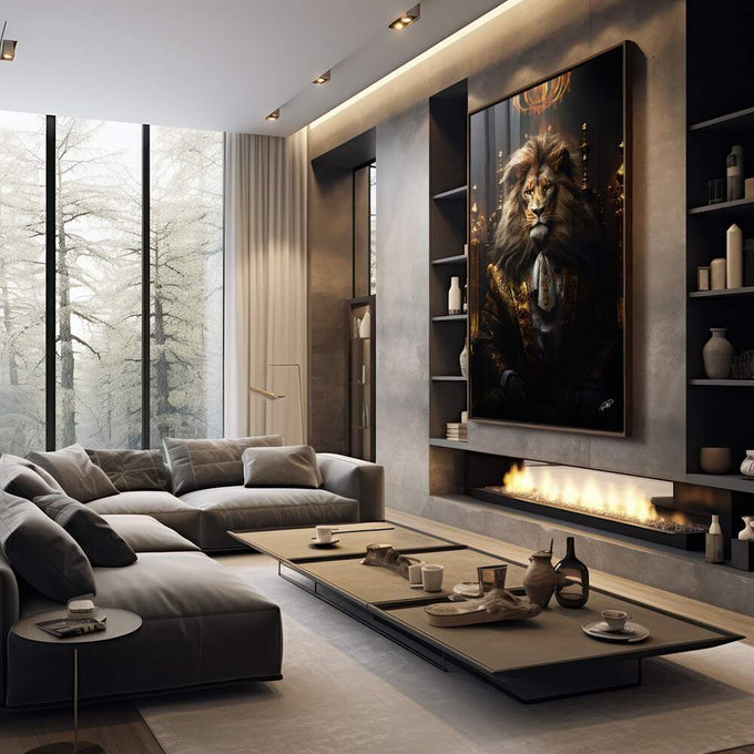 Quadro Decorativo Leão Executivo - Sofisticação e Estilo para Seu Ambiente - quadros decorativos 1 Tela Vertical, 3 Telas - em sala moderna