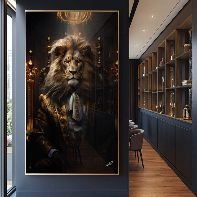 Quadro Decorativo Leão Executivo - Sofisticação e Estilo para Seu Ambiente - quadros decorativos para sala 1 Tela Vertical, 3 Telas - em ambiente decorado