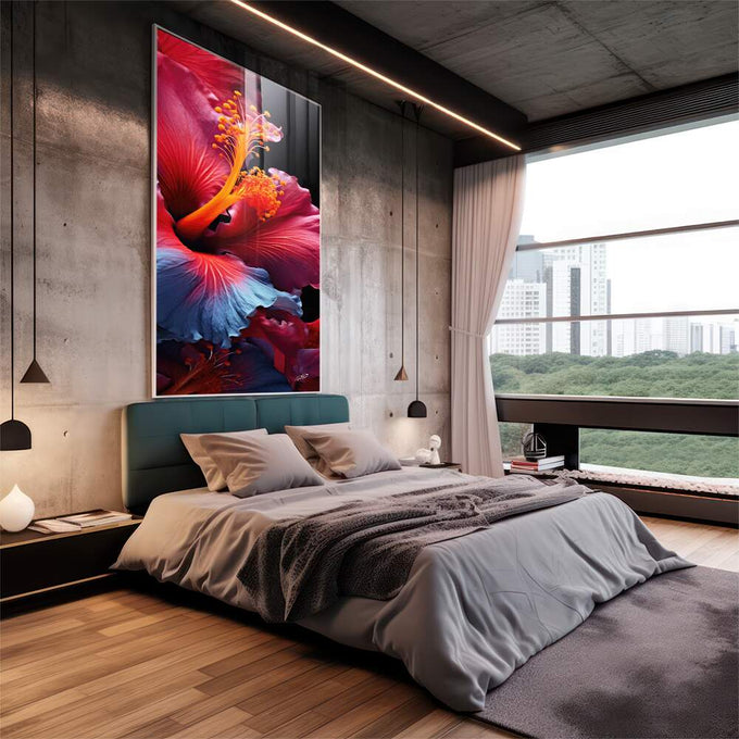 Quadro Decorativo Flor de Hibisco - Elegância Natural para Sua Parede - quadros decorativos 1 Tela Vertical, 3 Telas - em escritorio elegante
