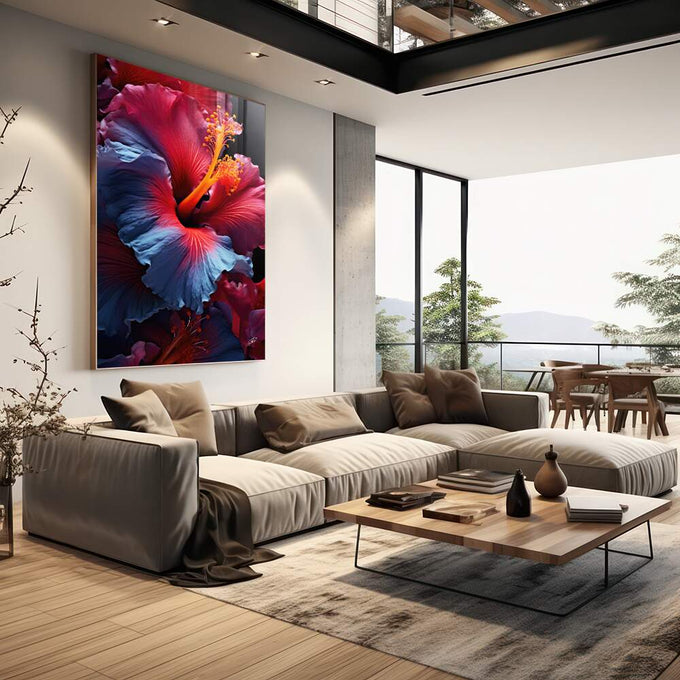 Quadro Decorativo Flor de Hibisco - Elegância Natural para Sua Parede - quadros decorativos para sala 1 Tela Vertical, 3 Telas - em living room premium