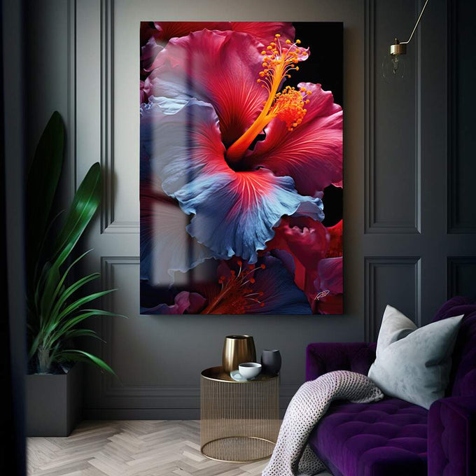 Quadro Decorativo Flor de Hibisco - Elegância Natural para Sua Parede - quadros decorativos para sala 1 Tela Vertical, 3 Telas - em ambiente decorado